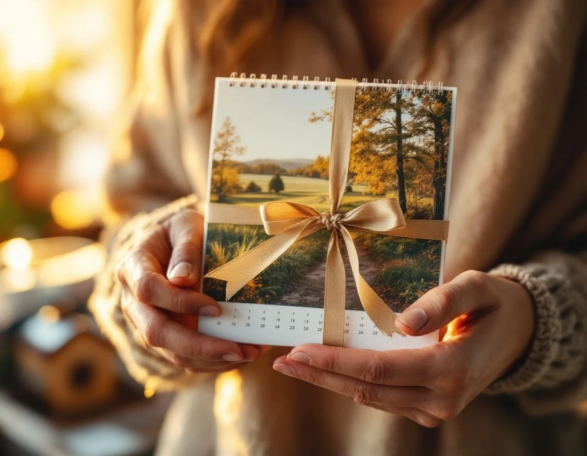 Roke držijo foto koledar, zavezan z zlatim trakom, kot darilo